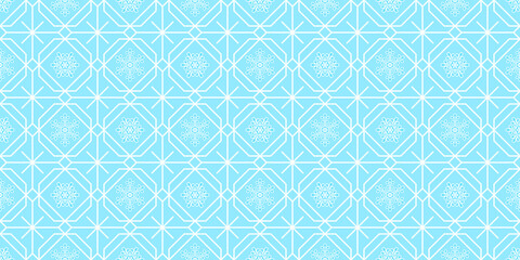 Blue and white background with geometric grid and decorative snowflakes. New Year endless texture with winter mesh ornament. Vector seamless pattern for festive design, Christmas banner, cover, print