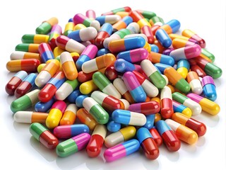 A vibrant assortment of capsules lies in a chaotic yet appealing arrangement, showcasing diverse colors and sizes that highlight their pharmaceutical purpose and aesthetic charm