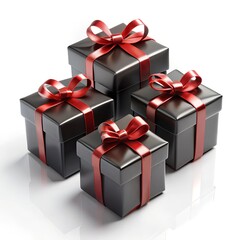 Obraz premium Four beautifully wrapped black gift boxes adorned with stunning red ribbons sit elegantly. Each box varies in size, adding charm to any celebration, making it ideal for birthdays or holidays