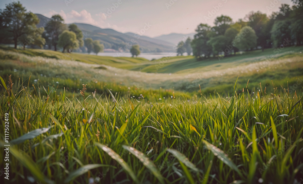 Aufkleber field of grass with a lake in the background. the grass is green and the lake is calm