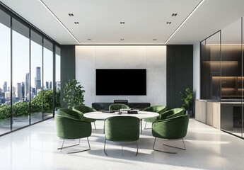 Modern conference room in a commercial office building with green chairs, a large TV, and windows offering a stunning view of the city skyline.