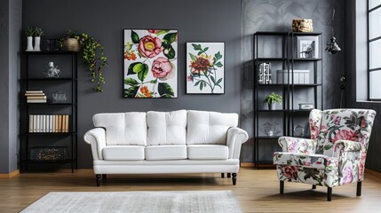 Modern living room with grey charcoal walls, white sofa, floral armchair, black metal bookshelf, and botanical wall art in city apartment,