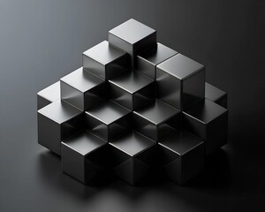 An intricate arrangement of shiny black cubes forms a visually captivating structure