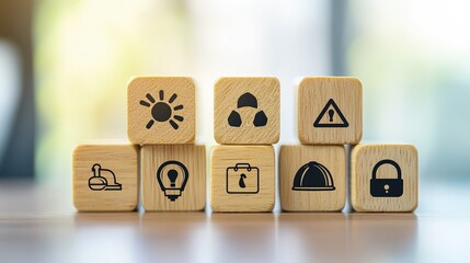 A stack of wooden blocks with various symbols on them, including a sun