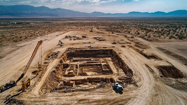 Archaeological drone photography capturing aerial views of a massive excavation site in the desert.