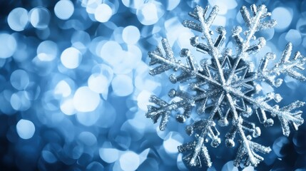 Silver snowflake ornament against a soft blue bokeh background.