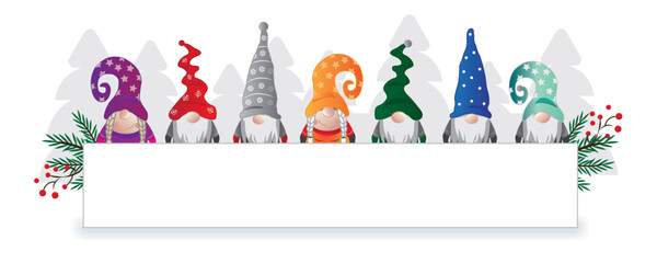 Wichtel mit bunten Mützen halten weißes Banner - weihnachtliche Vektor Illustration