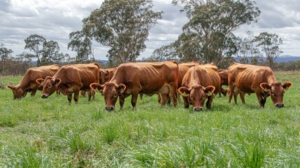 Fototapeta premium A group of brown cows grazing in a grassy field under a cloudy sky.