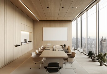 Modern beige-themed conference room in a startup office, featuring blank blackboard and decorative art frames, with sleek furniture and an open, collaborative design.