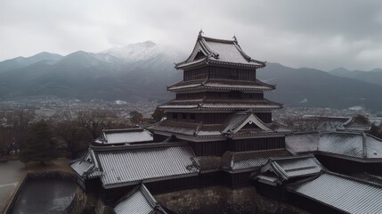 Obraz premium A historic Japanese castle surrounded by mountains under a cloudy sky.