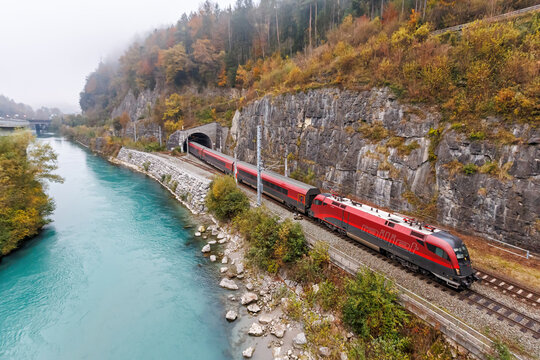 Railjet passenger train of Austrian Federal Railways &Ouml;BB on Arlberg railway line in autumn in Feldkirch, Austria