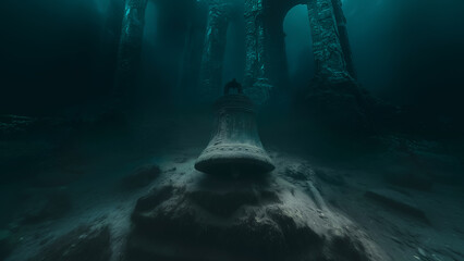 Ancient underwater ruins with a large submerged bell in mysterious depths