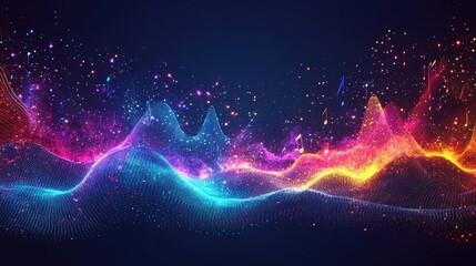 Obraz premium Vibrant abstract waveforms with neon colors and sparkling particles