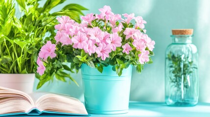 Obraz premium Pink petunias in blue pot with open book and green leaves on light blue background