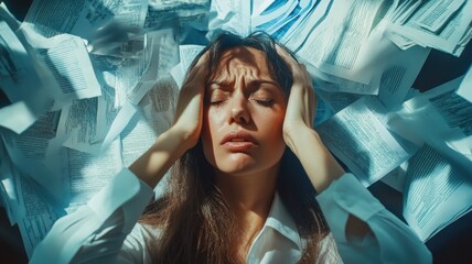 Fototapeta premium Stressed businesswoman having headache from work overload with documents flying around mental health and stress at office overwhelmed and burnout for time management