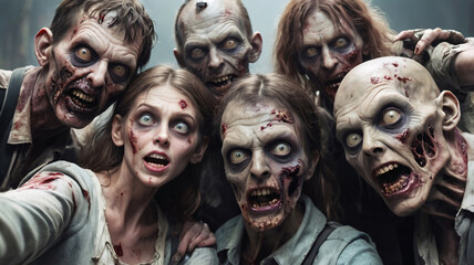 A small group of zombies taking a selfie with a phone on a black background