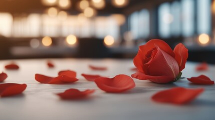 Close-up of a red rose and scattered petals on a table in a softly lit, romantic setting with blurred background.
