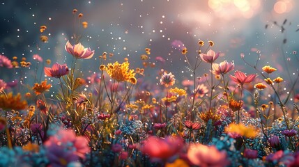 Watercolor painting depicting a colorful field of wildflowers in bloom on sunny day, Ai Generative.