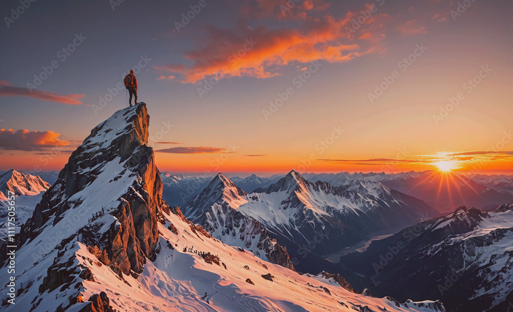 Poster Man stands on a mountain top with a backpack. The sun is setting in the background. The mountain is covered in snow