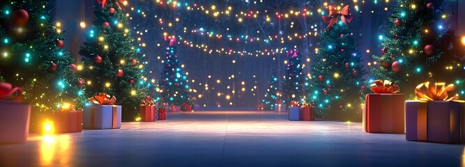 A festive holiday party scene with glowing lights, Christmas trees, and gift boxes, with plenty of space for a personalized message