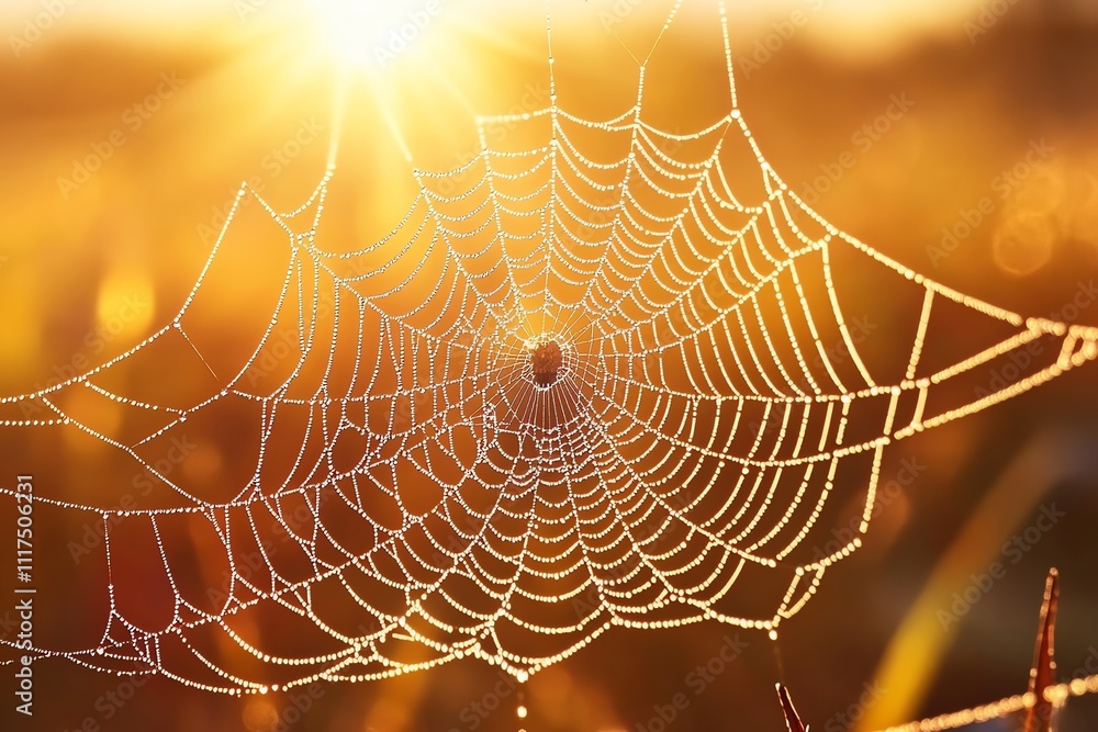 Poster a close-up of a spider web glistening with dew in a sunlit field.