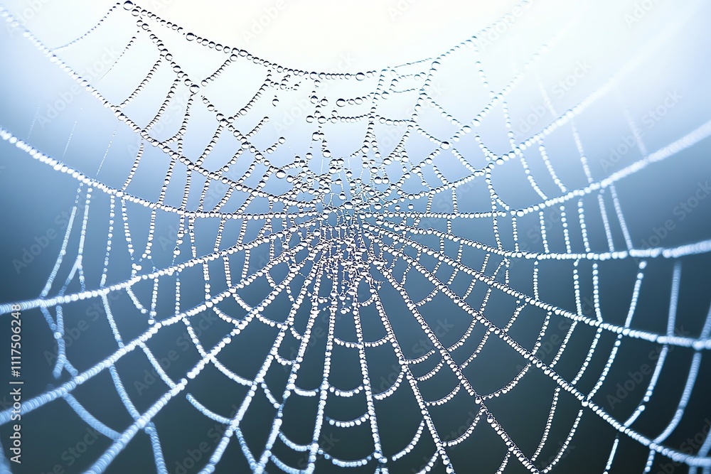 Poster A close-up of a spider web adorned with dew drops, showcasing intricate patterns and beauty.