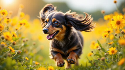 Happy dog running through a field of wildflowers on a sunny day.