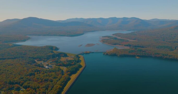 Aerial View of Ashokan Reservoir Catskills in autumn