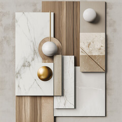 create an interior design material mood board of matural textures including white marble, light color wood, and one gold fixture, overlap the texture panels to create a more dynamic composition