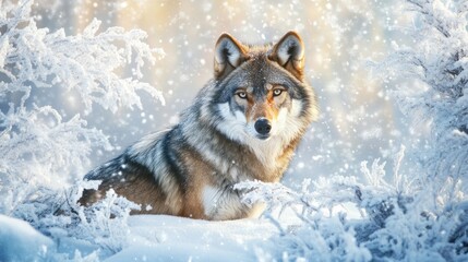 A majestic wolf sits in a snowy landscape, surrounded by falling snowflakes.