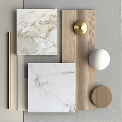 create an interior design material mood board of matural textures including white marble, light color wood, and one gold fixture, overlap the texture panels to create a more dynamic composition