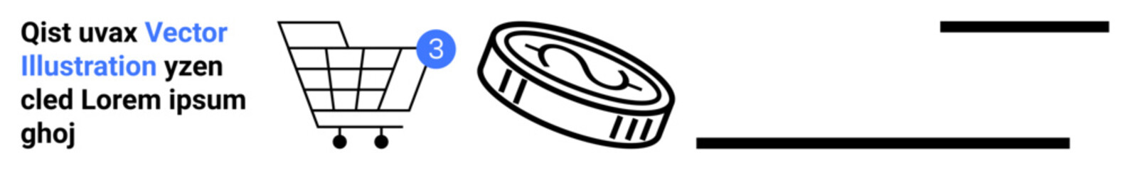 Shopping cart with badge showing number 3, a coin representing payment, and placeholder text. Ideal for ecommerce, online shopping, digital currency, transactions, financial services, web design