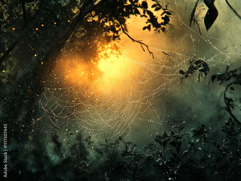 Poster a sunlit forest scene featuring a delicate spider web adorned with dew.