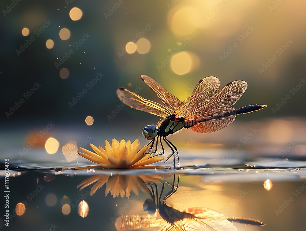 Poster a dragonfly perched on a flower, reflecting in water, surrounded by soft bokeh lights.