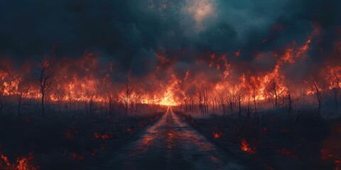 Road with a fire burning in the background