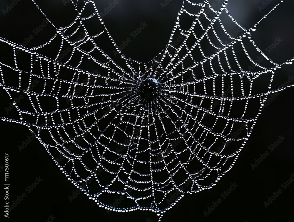 Poster a close-up of a spider web adorned with dew droplets against a dark background.