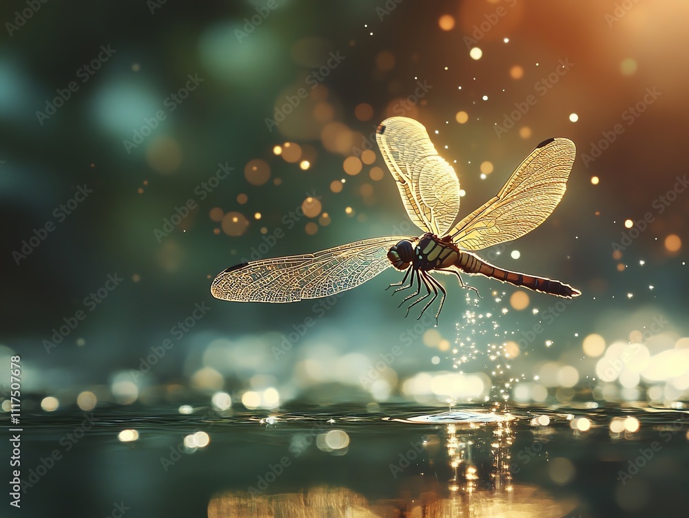 Poster A dragonfly hovering above shimmering water, illuminated by soft light and sparkles.