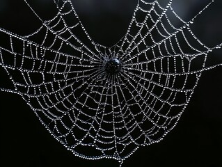 Naklejka premium A close-up of a spider web adorned with dew droplets against a dark background.