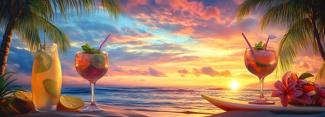 A beach party with tropical drinks, surfboards, and palm trees, with an open sky for a celebratory message