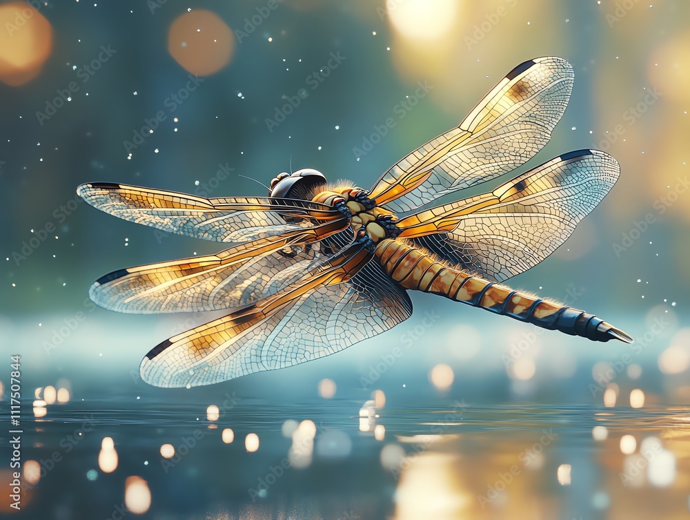 Poster a dragonfly hovering above water, illuminated by soft light, showcasing its delicate wings.