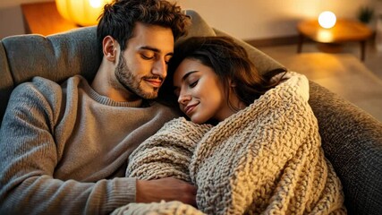 Couple Cuddling on a Cozy Sofa A young couple cuddling on a background