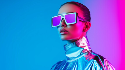 Futuristic portrait of a woman wearing reflective sunglasses and a metallic silver outfit, set against a vibrant neon gradient background. A bold concept of modern fashion, sci-fi aesthetics, and inno