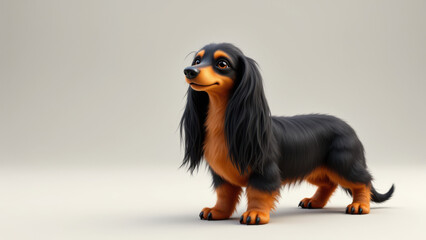 A realistic animated long-haired dachshund dog standing on a light gray surface with a blurred background.