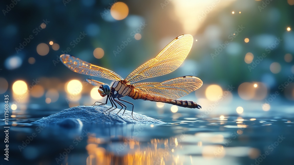 Poster a dragonfly perched on a rock in shimmering water, illuminated by soft light.