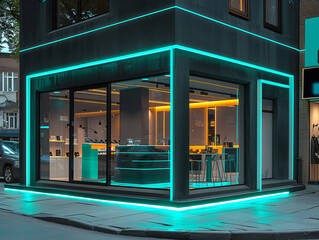 Contemporary boutique with a charcoal exterior and neon teal highlights. The bright lighting adds a vibrant touch to the sleek, high-definition urban backdrop