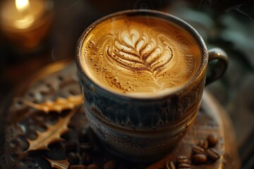 A beautifully crafted latte art in a coffee cup with roasted beans around it.