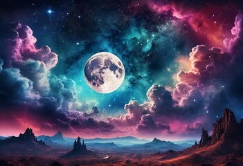 Futuristic fantasy landscape, sci-fi landscape with planet, neon light, cold planet. Galaxy, unknown planet. Dark natural scene with light reflection in water. Neon space galaxy
