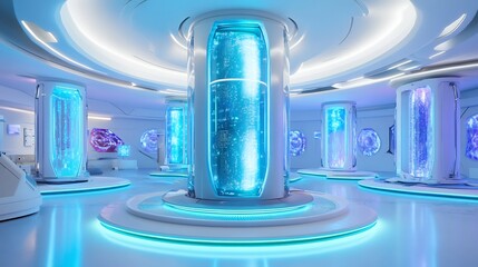 Futuristic Glowing Digital Capsule in Sci Fi Interior Design