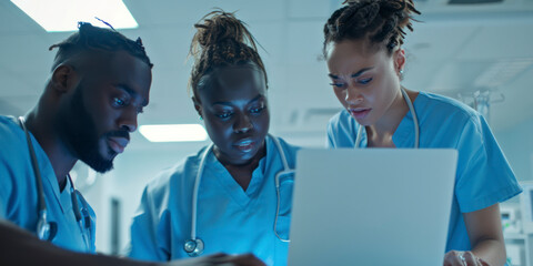 Three focused nurses analyzing data on a laptop in a hospital room.