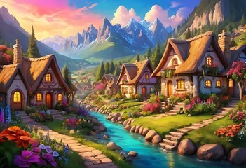 Sunset landscape with lake, clouds on red sky, silhouettes on hills and trees on coast. Cartoon illustration of nature scenery with sunrise, coniferous forest on river shore